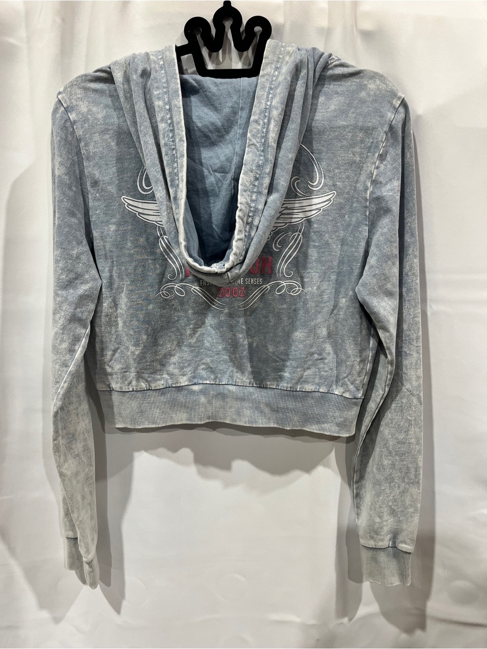 True Religion Hoodie Women's M Horseshoe Wing Faux Full Zip Denim-Look Fabric - Picture 8 of 10
